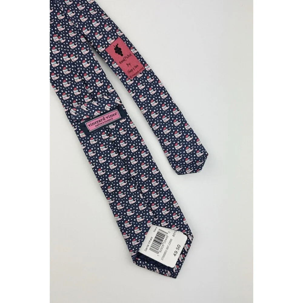Vineyard Vines Tie Boys 48'' Blue Classic Santa Whale Christmas 100% Silk Kids
